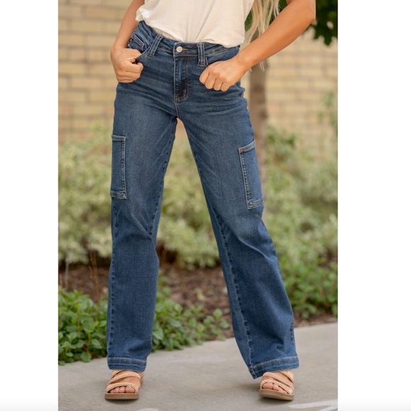 Judy Blue High Rise Cargo Wide Leg Dark Wash Denim Jeans, Size 9 / Size 29 - Picture 1 of 11